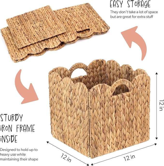 Set of 4 Foldable Scalloped Water Hyacinth Storage Cubes Basket, Storage Cube Bins -12"x12"x12", Collapsible Cube Organizers, Water Hyacinth Woven Bins for Bathroom, Bedroom, Laundry, Pantry, Shelves - Image 2