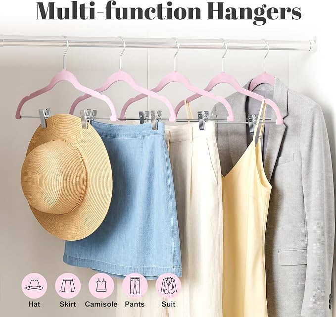 HOUSE DAY Velvet Skirt Hangers 24 Pack, Velvet Hangers with Clips- Pink | Space Saving Slim Velvet Pant Hangers, Heavy Duty Shorts Hangers, Non Slip Adjustable Clip Hangers for Pants, Skirts, Shorts - Image 3