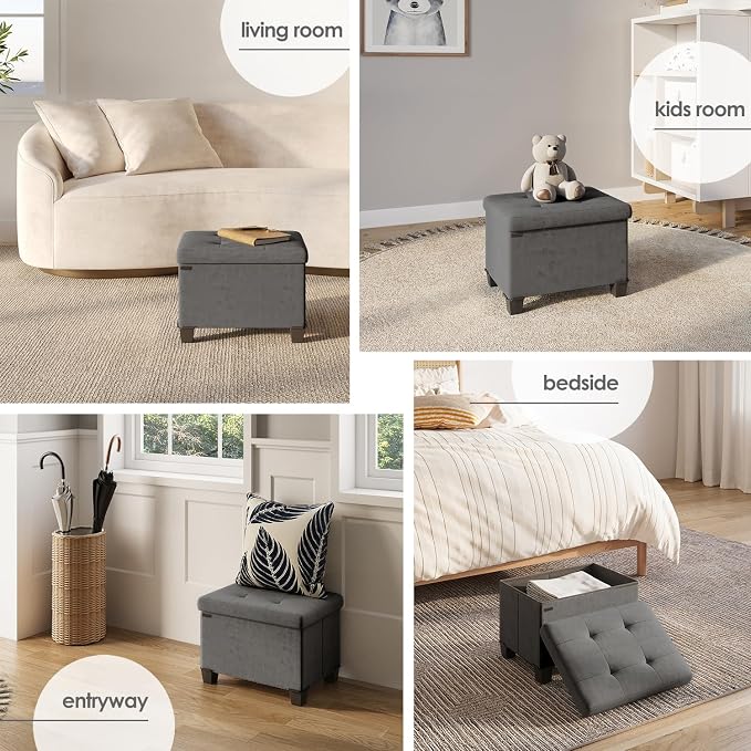 Storage Ottoman Cube with Small Bin, 16-in Square Ottoman with Storage for Living Room and Bedroom, Small Ottomans Foot Rest, Velvet Foot Stools Ottomans Max 330lbs, Grey - Image 4