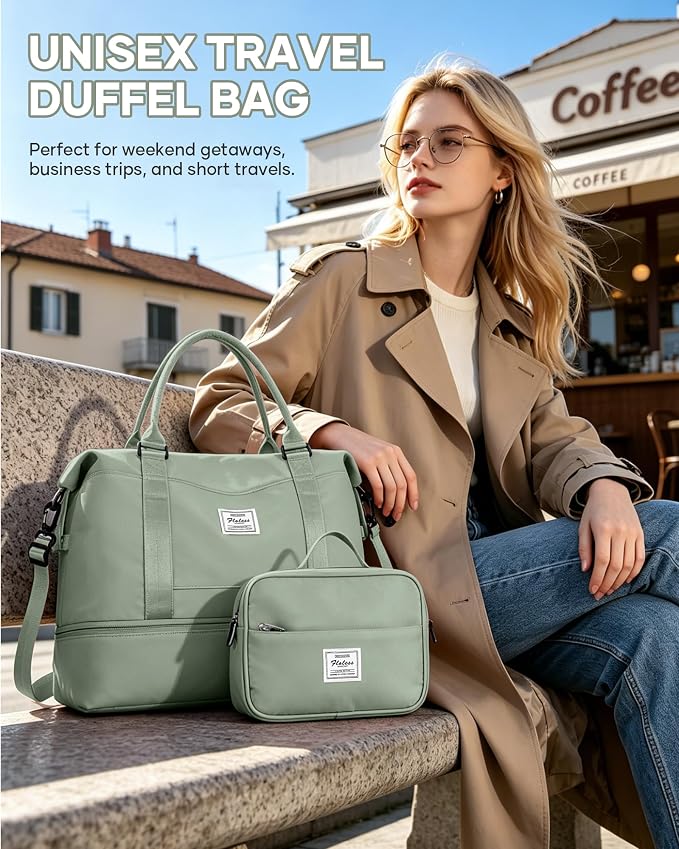 Travel Duffel Weekender Bag Women Tote Carry On Bags With Shoe Compartment | 18x14x8 inches Travel Overnight Bags with Trolley Sleeve for Airplanes Waterproof Sport Tote Gym with Toiletry Bag Beigegreen - Image 8