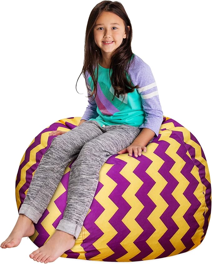 Posh Creations Stuffable Kids Stuffed Animal Storage Bean Bag Chair Cover - Childrens Toy Organizer, Large 38" - Pattern Chevron Purple and Yellow - Image 4