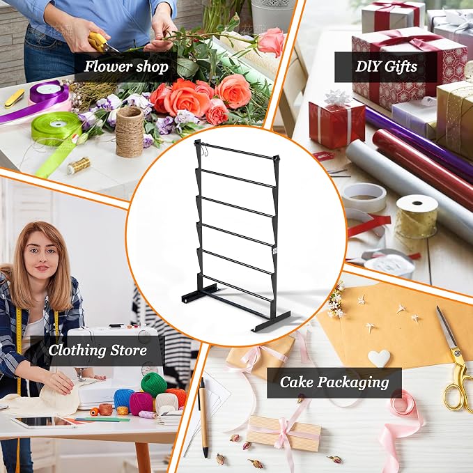 Alyoen 6 Tier Ribbon Organizer, Metal Ribbon Holder Storage Rack with Activity Hooks, Ribbon Spool Holder for Craft Room Sewing Thread Mesh Ribbon Wreath Washi Tape, Florist Arts Wrapping Gift - Image 4