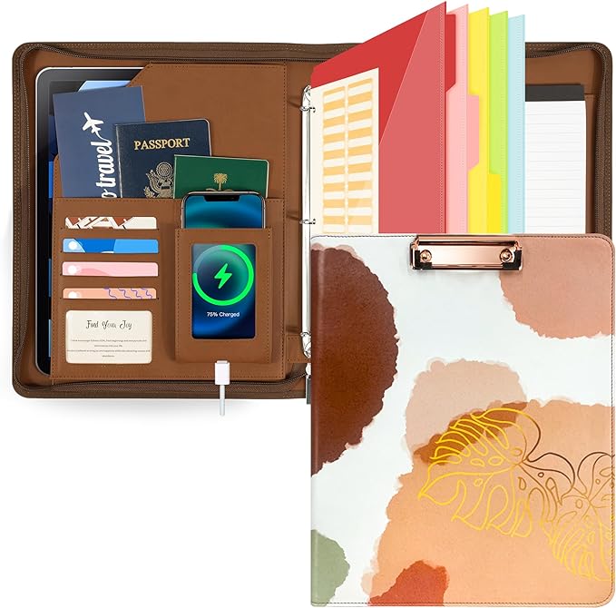 Ospelelf Leather Clipboard with Storage, Zippered Padfolio Portfolio Organizer, 3 Ring Binder 1 Inch, Notepad, Tablet Sleeve, 5 Dividers with Pocket for Office, Students, Teachers Abstract Brown by OspelelfOfficeSupplies