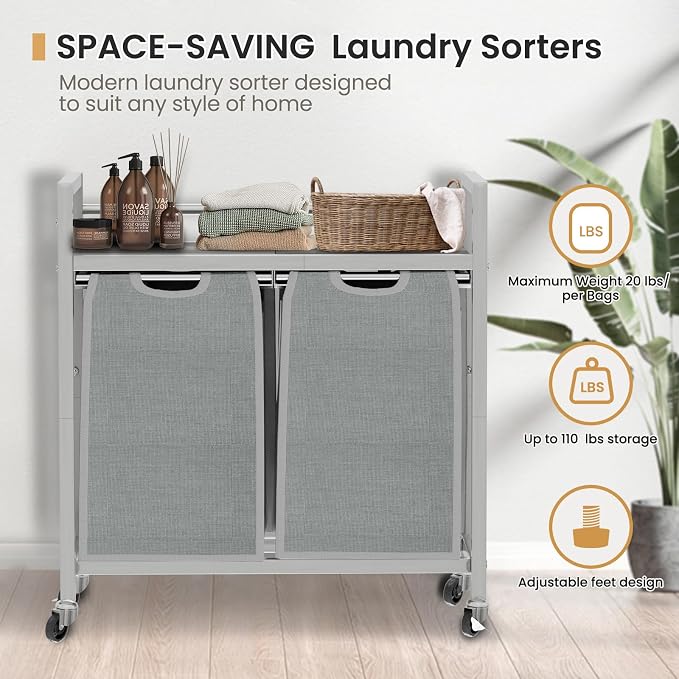 SwaaVee Laundry Sorter, Laundry Hamper with Wooden Top Shelf, 2×14.5Gal(110L), Metal Frame laundry basket with wheels, Pull out and Removable Laundry Bags, 2 Bags-Gray - Image 7