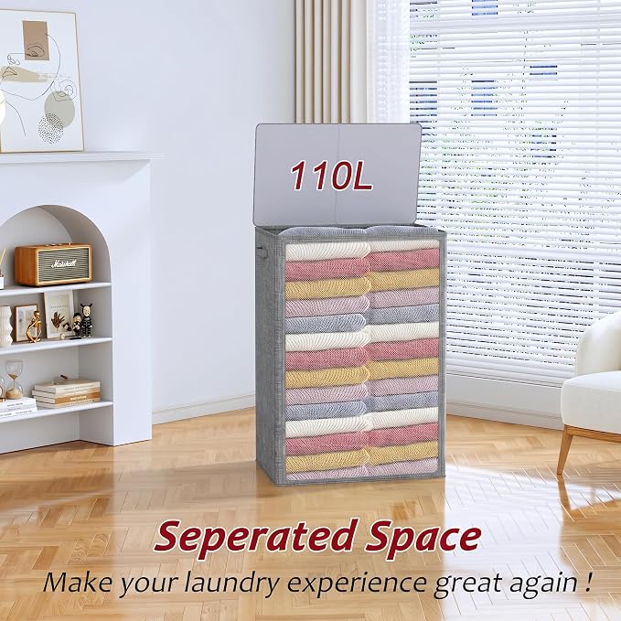 110L Laundry Hamper with Lid, Reinforced Sturdy Large Laundry Hamper with Handle and Lid, Collapsible Clothes Basket Organizer with Removable Liner Bag, Tall Dirty Clothes Bin for Dorm Bedroom - Image 4