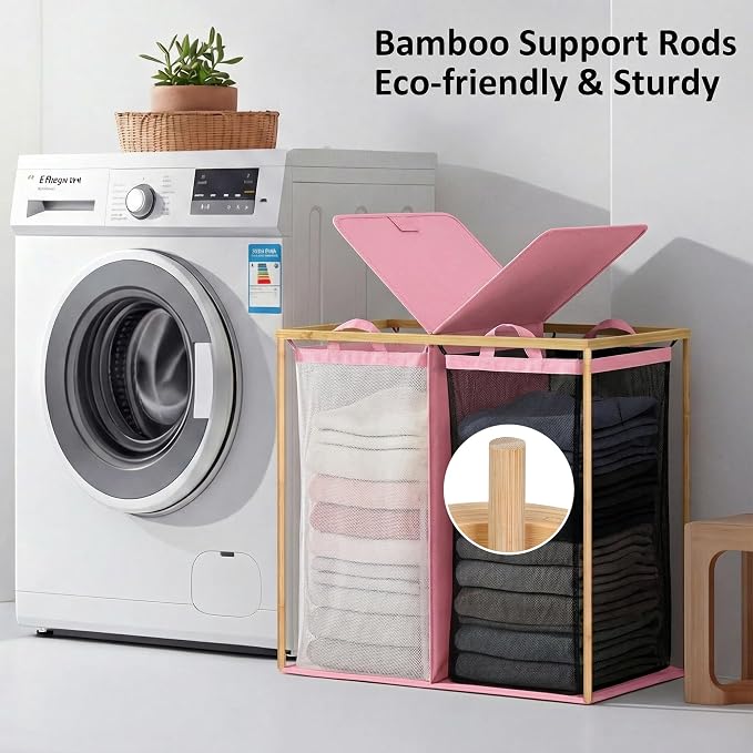 efluky Laundry Hamper with Lid, Double Laundry Basket with 2 Removable Bags, 2 Section Laundry Bin with Bamboo Handles for Bathroom, Bedroom & Laundry Room, 140L (36.9 Gallon) Pink - Image 2