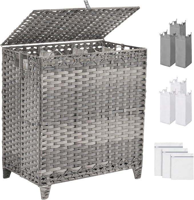 Laundry Hamper with Lid, 190L Large Laundry Basket 3 Section with 6 Removable Liner Bags & 3 Mesh Laundry Bags, Handwoven Rattan Clothes Hamper with Heightened Feet, No Install Needed, Grey by Hiagnete