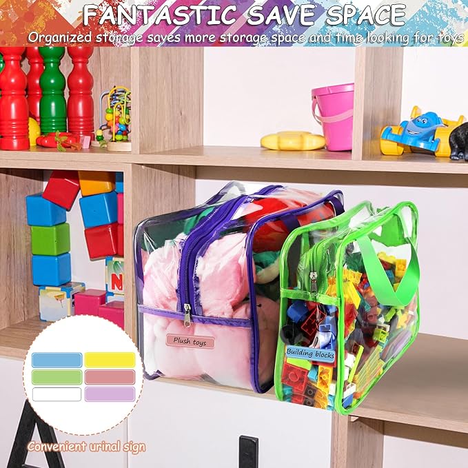 6 Colors Large Toy Storage Bags with Labels, Reusable Clear PVC Board Game Storage, Travel Waterproof Organizer Bags with Zipper for Building Blocks, Puzzle, Kids Books(3 large & 3 Extra Large) - Image 4