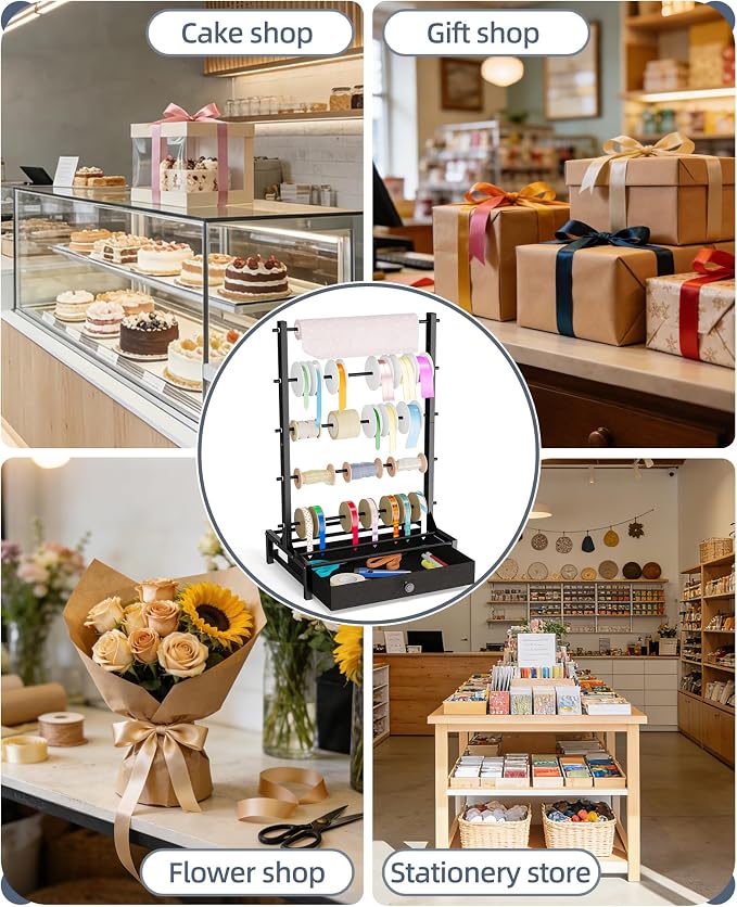 Ribbon Organizer with Fabric Drawer, Adjustable 5-Tier Ribbon Holder Rack | Stores Gift Wrap Ribbons, Craft Supplies, and Wrapping Tools with a Stable Metal Design for Easy Organization - Image 7