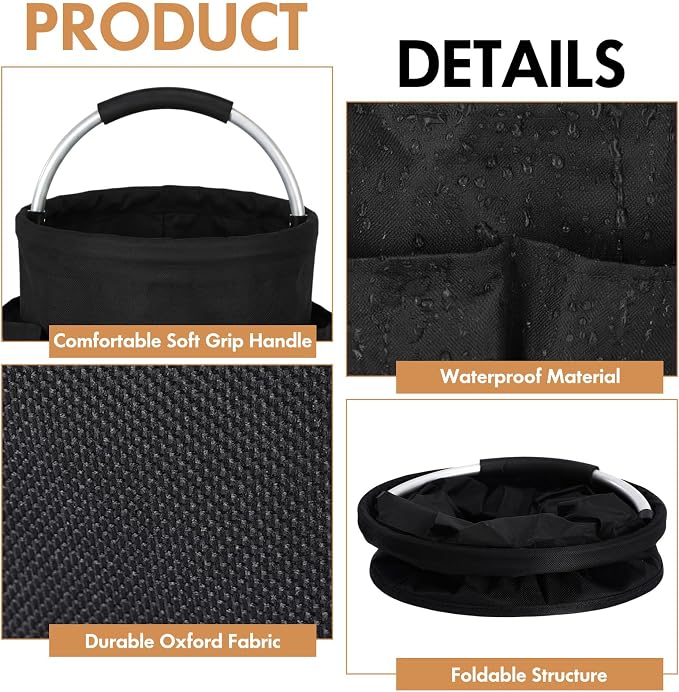 LemonRoad 4 Pack Cleaning Caddy with Handle 17L Foldable Cleaning Supplies Organizer Oxford Cloth Storage Basket with 6 Pockets & Soft Grip Portable Multi Bucket Bag for Home, Garden (Black) - Image 3