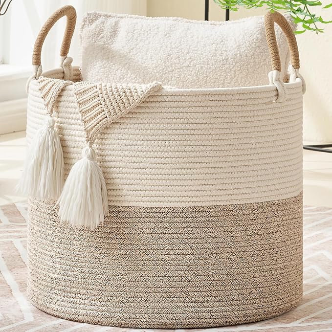 KAKAMAY Large Blanket Basket (18"x18"x16"), Woven Baby Laundry Hamper for Storage, Cotton Rope Basket for Nursery, Laundry, Living Room, Pillows, Baby Toy Chest with Handles (Black Stripes) by KAKAMAY