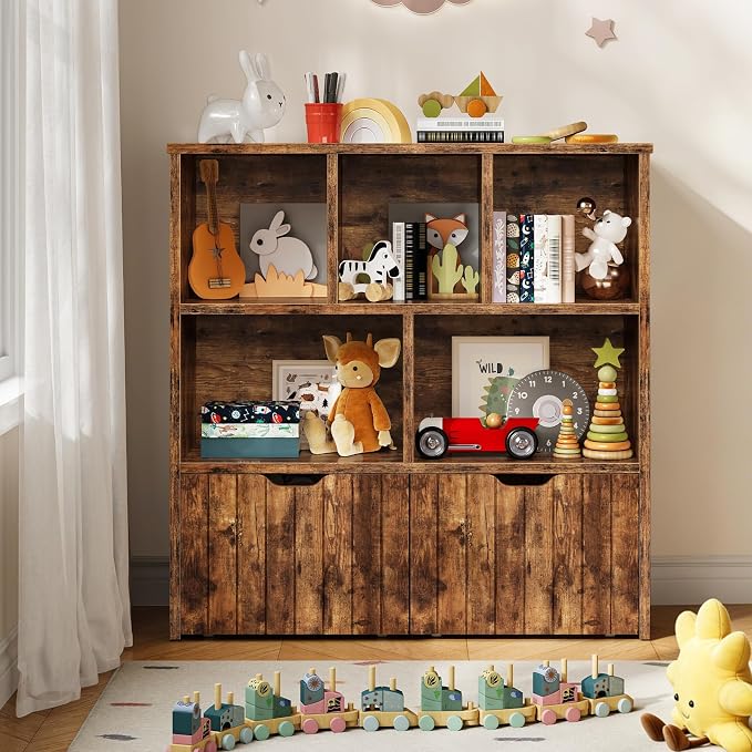 HOOBRO Toy Storage Organizer, Toy Organizers and Storage with 2 Movable Drawers and 5 Cubbies, Toy Chest Shelf for Books or Dolls, Kids Bookshelf and Toy Storage for Playroom, Rustic Brown BF88CW01 - Image 2