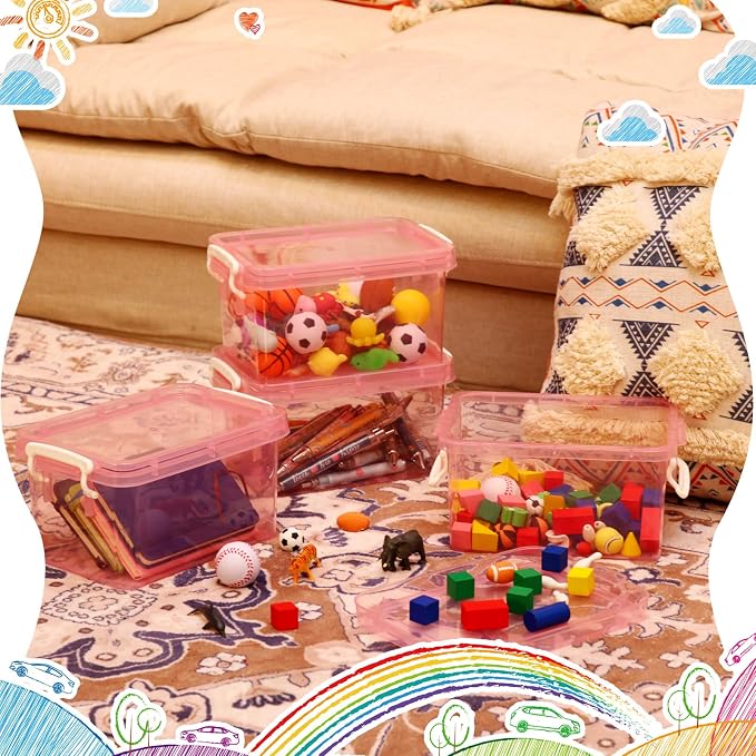 6 Pack Colorful Plastic Storage Bins with Lids 4 Quart Small Storage Latch Box Stackable and Nestable Clear Organizer Bins with Latching Handle and Buckle for Organizing(Pink) - Image 6