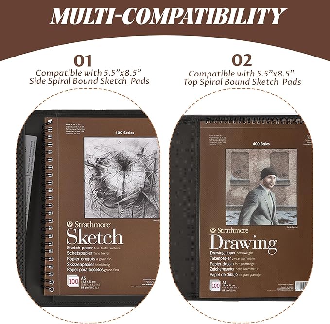 Plinyvel Black Leather Sketchbook Cover 5.5x8.5, Travel Drawing Portfolio | Portable sketch kit organizer, pencil holder, Fits 5.5x8.5 Sketch Book, Spiral Pad, Compact artist storage case - Image 4