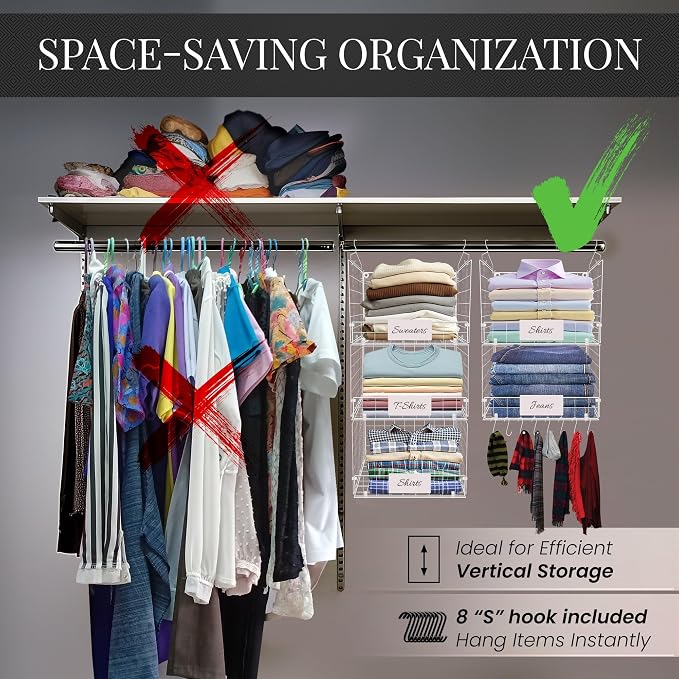 DECOLURE 5-Tier Adjustable Hanging Closet Organizer – Maximize Hanging Storage w/ 4 Hanging Hooks, 8 S Hooks & 5 Name Plates - Sturdy Foldable Wire Storage Hanging Shelves for Clothes, Towels (White) - Image 3