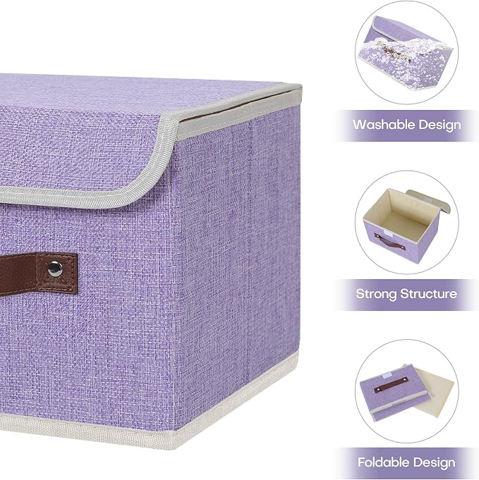 ANMINY Fabric Storage Box Bins with Lids, Purple, 10"x8"x7" | Keepsake Memory Storage, Cotton Linen, PP Board Reinforced, Washable, PU Handles, Foldable & Stackable, Decorative, Small - Image 4