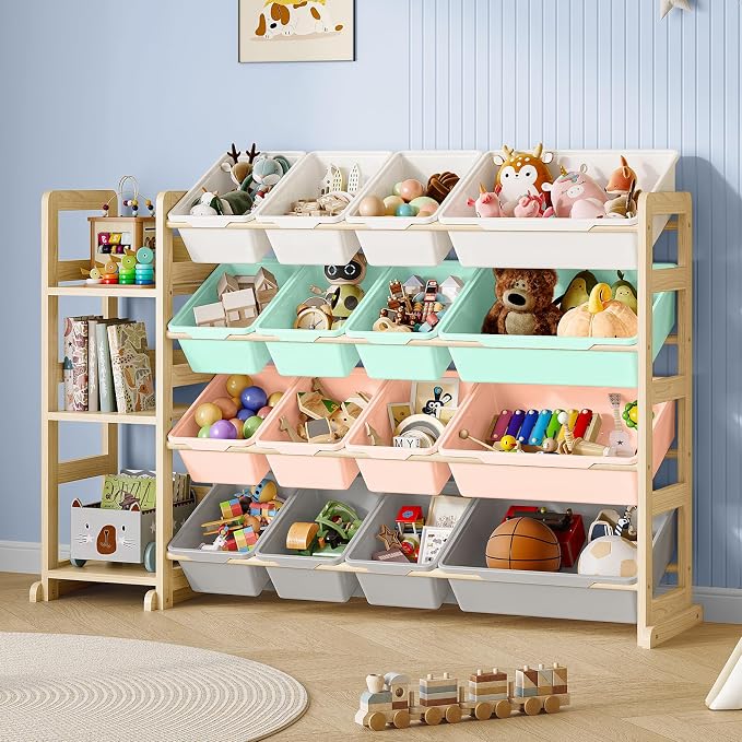 EXPERLAM Toy Storage Organizer, Toy Storage Shelf with 3 Shelves and 16 Storage Bins (12 Small + 4 Large), 3-in-1 Kids Bookshelf for Kids Rooms, Playroom, Nursery, Multi by EXPERLAM