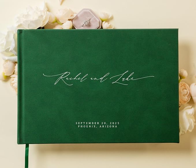 Personalized Guestbook in Emerald - Premium Custom Modern Guest Book for Wedding Reception, Birthday Party or Events w/Bookmark Blank Pages for Signing 11.5 x 8.5 inches - Image 2