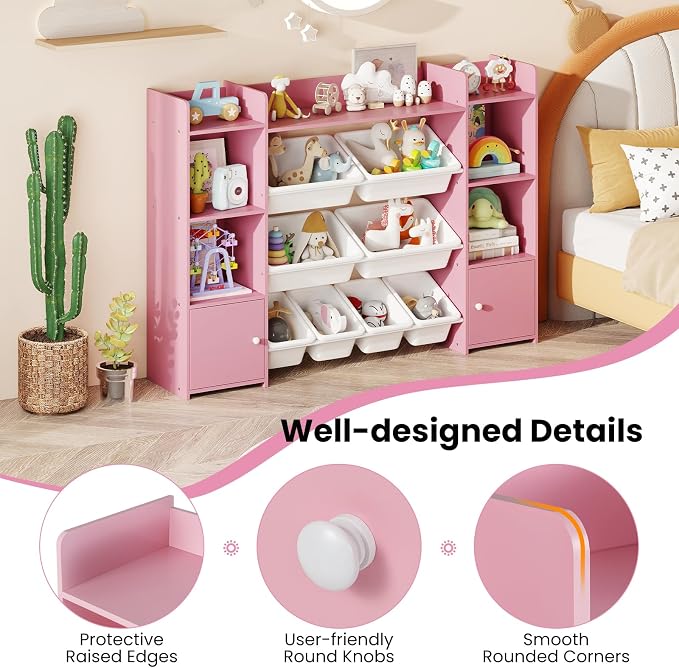 Costzon 56'' Kids Toy Storage Organizer with 8 Removable Bins, 4-Tier Toddler Bookshelf Cubbies, Preschool Children's Montessori Bookshelf w/6 Large Cabinet for Playroom, Daycare, Kids Room, Classroom - Image 8