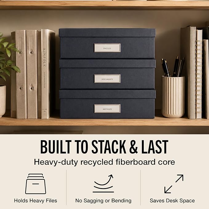 Bigso Oskar Fiberboard Label Frame Document Letter Box - File Organizer Box for Important Paperwork - Document Storage with a Lid & Metal Label Window - 3.3 in x 10.2 in x 13.8 in - Dark Grey - Image 4