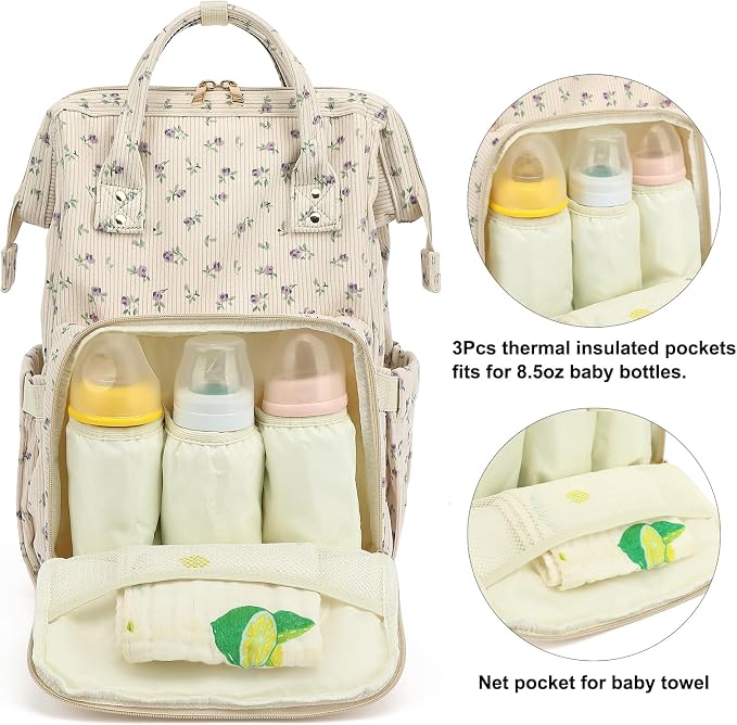 Corduroy Diaper Bag Backpack for Baby Girls Boys, Women Large Nappy Bags for Mom (Beige Corduroy Floral Purple) - Image 3
