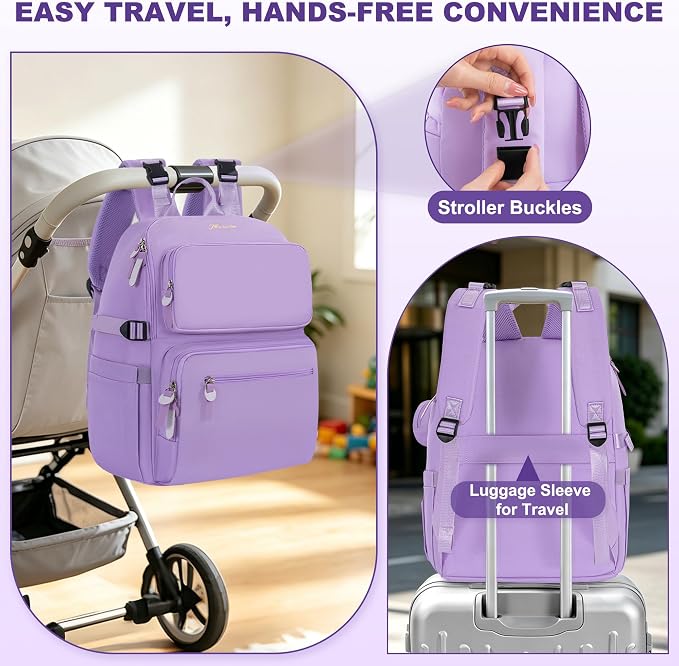 IBVIVIC Diaper Bag Backpack with Portable Changing Pad, Lavender Purple | Multifunctional Baby Bag for Mom Dad, Large Capacity, Stroller Straps, Insulated Bottle Pockets & Pacifier Case - Image 7