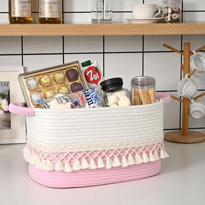3 Pack Storage Basket for Shelves, Boho Cotton Rope Storage Bins with Heavy Tassel, Shelf Baskets Large Woven Baskets for Organizing, Cube Organizer Bins, Baby Laundry Basket for Clothes, Toys, Pets - Image 5