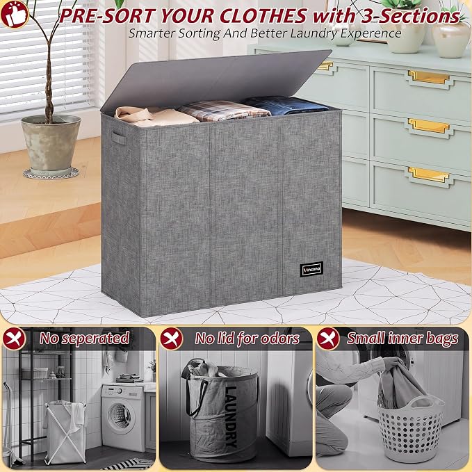 175L Laundry Hamper 3 Section,Large Laundry Hamper with Lid,Dirty Clothes Hamper with 3 Inner Bags,Collapsible Laundry Basket Organizer for Laundry Room,Bedroom,Laundry Sorter Hamper 3 Compartment - Image 3