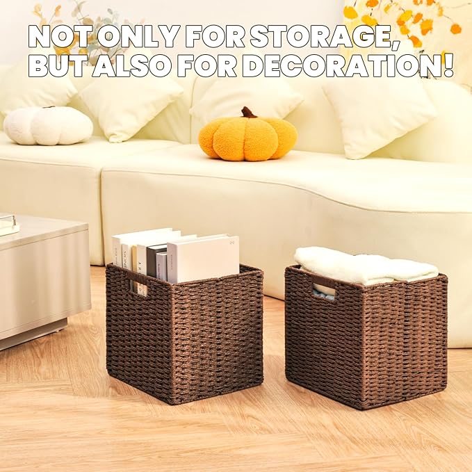 ICERZCZ Wicker Storage Baskets for Organizing Shelves, Paper Rope Woven Basket for Storage, Wicker Storage Cubes Bins, 11"x10.25"x11", 2 Packs, Brown - Image 7
