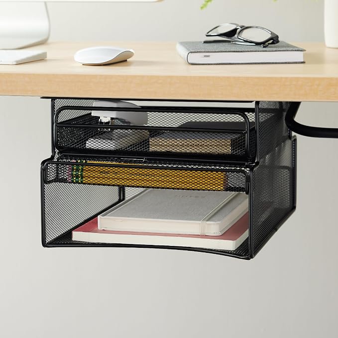 Safco 3244BL Onyx Mesh Deluxe Under Desk Hanging File & Paper Organizer, Black, Steel Construction, 2 Compartments, Tabletop or Desktop. Perfect for Home, Office & Classrooms, Black - Image 2