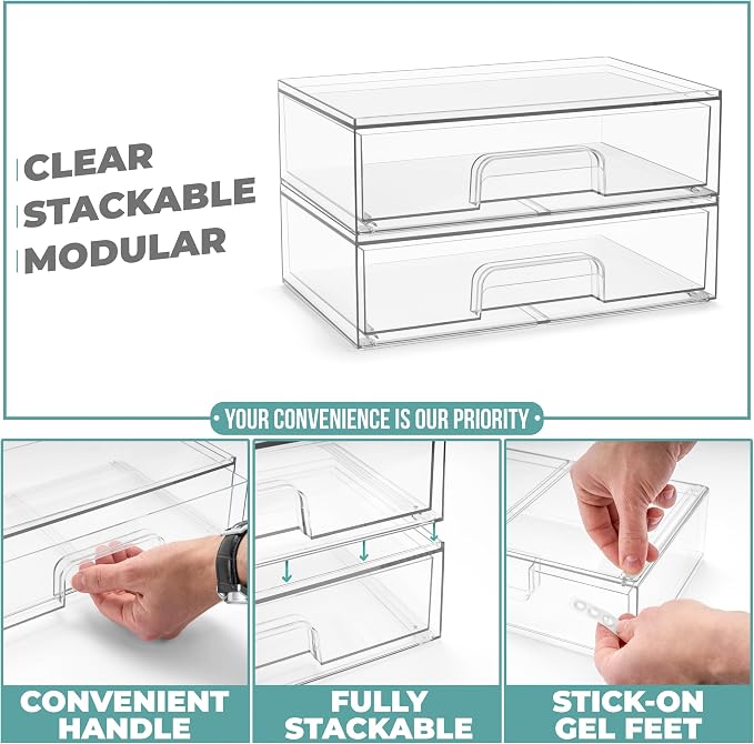 Sorbus Stackable Storage Drawers, Clear Acrylic Pull-Out Organizer (2 Pack) | Wide plastic bins hold baby bottles, cosmetics and bathroom supplies on countertops or inside cabinets and pantries. - Image 5