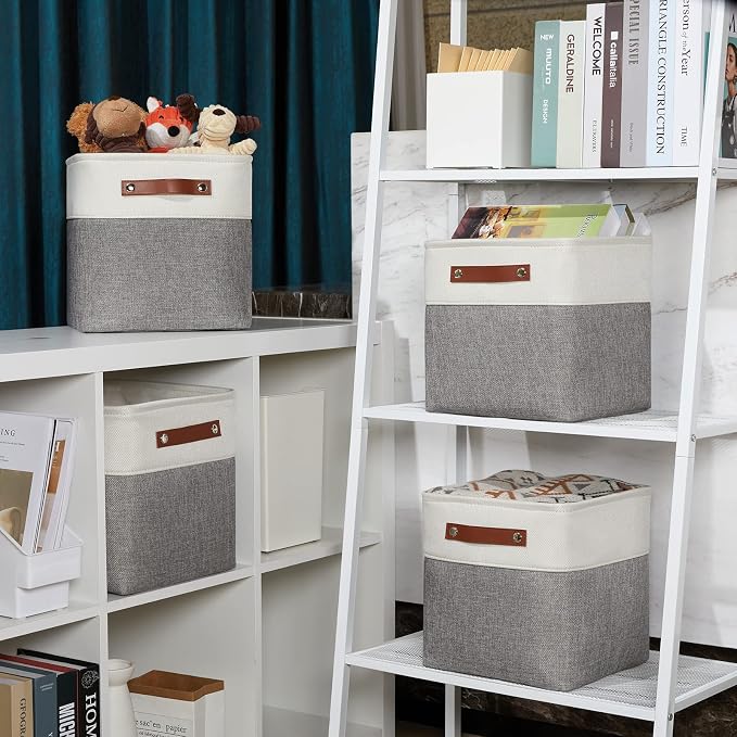 DULLEMELO 11 Inch Cube Storage Bins (Set of 4), Fabric Storage Baskets for Standard Cube Organizers, High-Capacity Collapsible Bins with PU Leather Handles for Closet, Nursery, and Shelves-White&Grey - Image 4