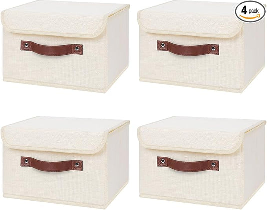 ANMINY Fabric Storage Box Bins with Lids, Beige, 10"x8"x7", 4 Pack | Keepsake Memory Storage, Cotton Linen, PP Board Reinforced, Washable, PU Handles, Foldable & Stackable, Decorative, Small by ANMINY