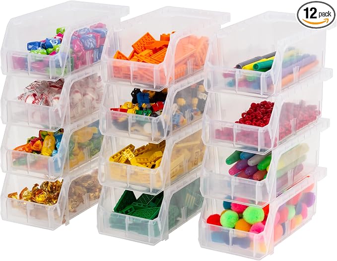 Small Stackable Plastic Storage Bins, 12-Pack, Clear | Open-Front Stackable Bins For Garage, Pantry, Closet & Office, 7"L X 4"W X 3"H, Nests When Empty, Durable Plastic by Akro-Mils