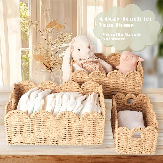 Scalloped Wicker Baskets Set of 3, Hand-Woven Storage with Handles | set of 3 tan scalloped baskets with handles. Hand-woven paper rope for shelves, bathroom or closet. Stackable, sturdy. - Image 4