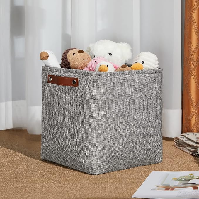 DULLEMELO 11 inch Cube Stroage Bins 4 Pack Small Grey Square Storage Baskets Cube Organizer, Linen Closet Organizers and Storage Baskets for Shelves Bedroom Storage - Image 3