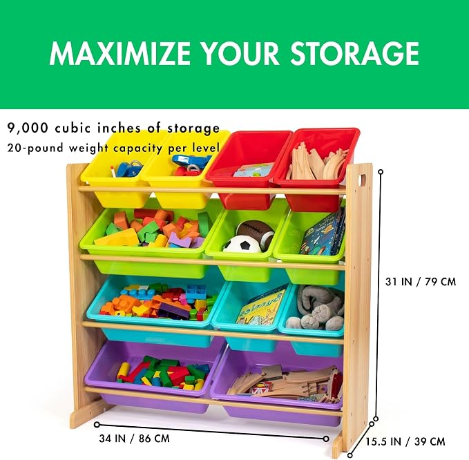 Humble Crew Kids Toy Storage Organizer with 12 Plastic Bins, Natural Wood/Rainbow – Removable Bins for Playroom, Bedroom, Toddler Furniture for Boys and Girls Ages - Image 3