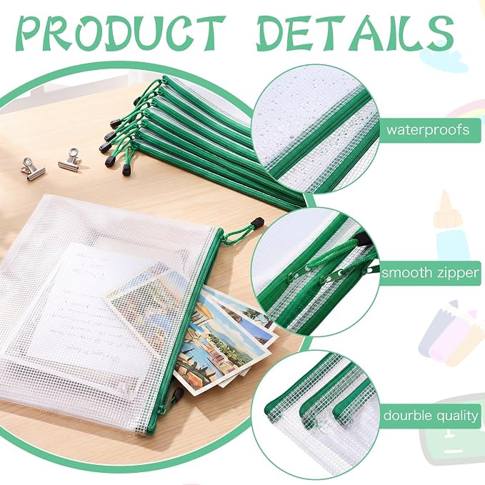 Zhehao 200 Pcs A4 Mesh Zipper Pouch Bulk Waterproof Mesh Zipper Organizer Plastic File Folder Case for School Office Supplies Document Board Games Puzzle(Green) - Image 3
