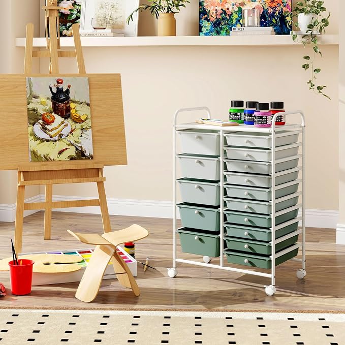 RELAX4LIFE 15-Drawer Storage Drawer Carts - Mobile Rolling Utility Cart | 34.5"H White Metal Frame, Gradient Green Drawers, Rolling Wheels; Classroom School Office Home Craft Utility Storage - Image 9