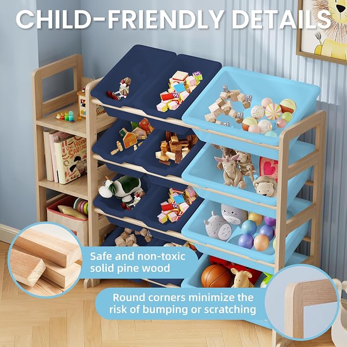 Toy Storage Organizer - Toy Organizers and Storage with Bookshelf, Toy Storage Shelf with 3 Shelves and 12 Storage Bins, Kids Bookshelf and Toy Storage for Kids Room, Playroom, Bedroom, Nursery, Blue - Image 5