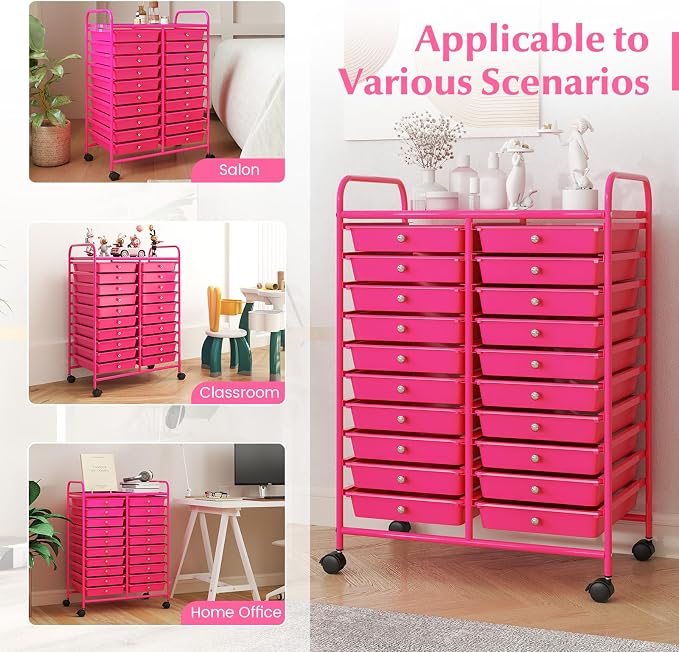RELAX4LIFE 20-Drawer Rolling Storage Cart - Mobile Rolling Cart w/Drawers for School Classroom Teacher Office Home Salon, Paper File Art Supply Craft Organizer, Utility Cart on Wheels (Hot Pink) - Image 7