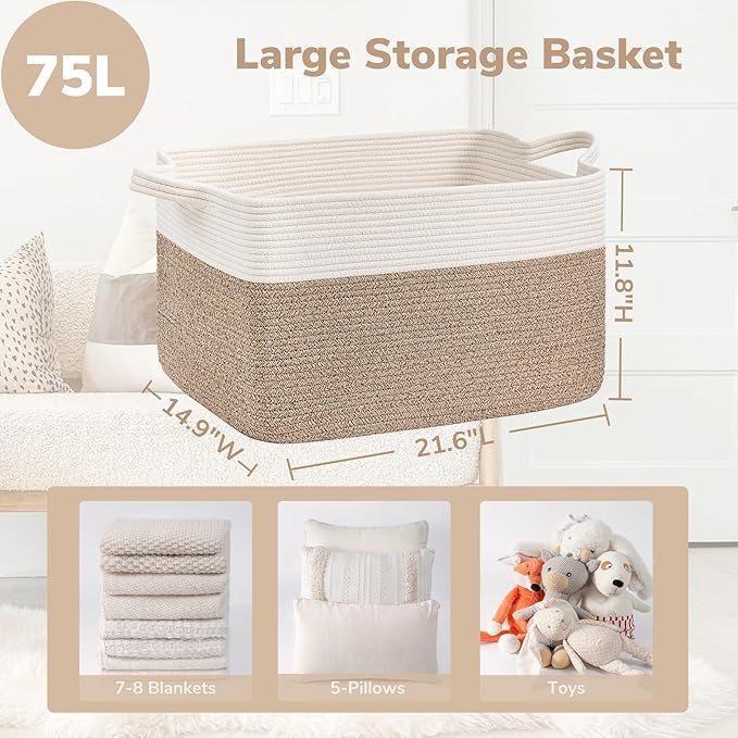 Goodpick Large Woven Rope Blanket Basket, Rectangle, White & Light Brown | 21.6" × 14.9" × 11.8" Storage Basket for Pillows & Toys Laundry, Nursery & Living Room Organization, Reinforced Handles - Image 3