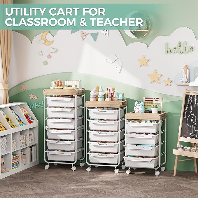 SYKIARIOL Rolling Storage Utility Cart with 4 Drawers,Art Cart,White | Kids Craft Cart,Makeup Organizer and Storage with Wooden Tabletop - Image 6