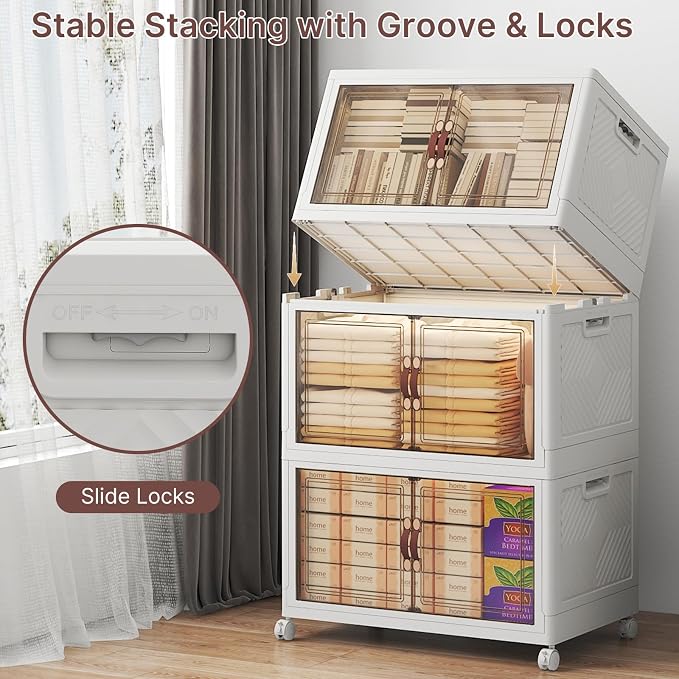 Stackable Storage Bins with Lids, 360QT Lockable Storage Cabinet | Folding Storage Box with Doors and Wheels, Collapsible Plastic Drawers for Home, Garage, Office - Image 3