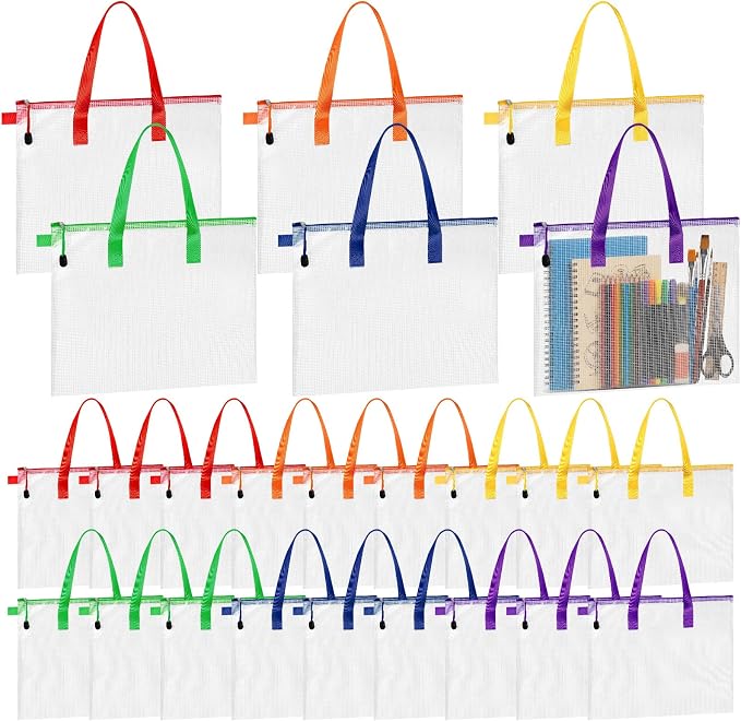 Reginary 24 Pcs Mesh Zipper Pouch File Bags with Handle Bulk A4 11 x 13.8 Inch Zipper Mesh Document Pouch Artwork Storage Organize for Office School Supplies Paintings Puzzle Travel Storage(Colorful) by Reginary