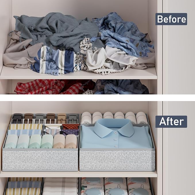 DIMJ Drawer Organiser System Underwear Organiser – Set of 15 Wardrobe Storage Box Cabinet, Changing Table Organiser, Fabric Boxes Storage for Clothes, Socks, Texture Grey - Image 4