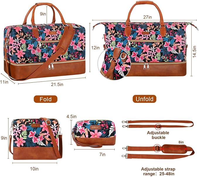 ITIEZY Weekender Bag for Women 21.5" Travel Duffel Large Carry On Bag 3PCS | Nylon Duffel Bag with Waterproof Shoe Compartment, Crossbody Bag and Toiletry Bag, Travel Weekend Hospital Overnight Gym Bag - Image 7