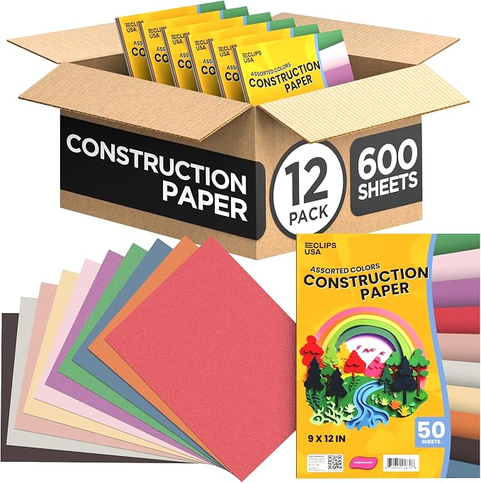 Construction Paper Assorted Colors (600 Sheets) 9x12 Construction Paper Bulk for Arts Crafts 50 Sheets Per Pack School & Classroom Supplies (12 Pack) by E-CLIPSUSA