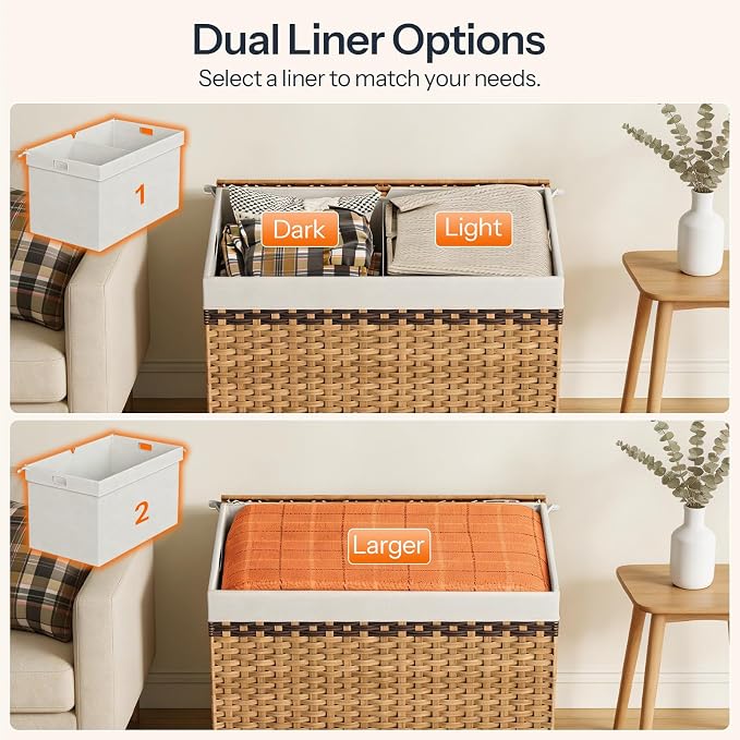 HOOBRO Storage Basket with Lid, 42.3 Gallon (160L) Wicker Storage Basket with 2 Separate Lid, Blanket Storage Bin with 2 Removable Liner Bags, for Bedroom, Laundry, Natural and Brown NL276CW01 - Image 6