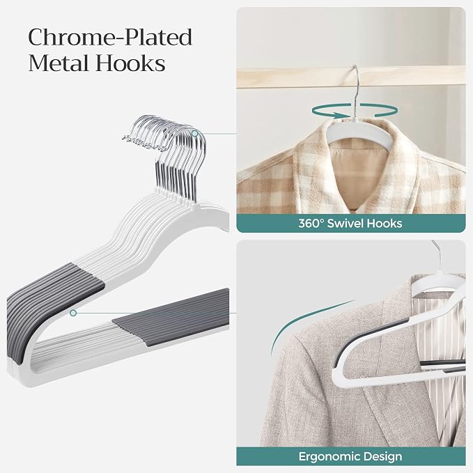 SONGMICS Plastic Clothes Hangers, Pack of 50, Non-Slip, Space-Saving | 0.2 Inches Thick, 17.7 Inches Wide, 360° Swivel Hook, White and Dark Gray, BREANNA Collection UCRP050W50 - Image 5